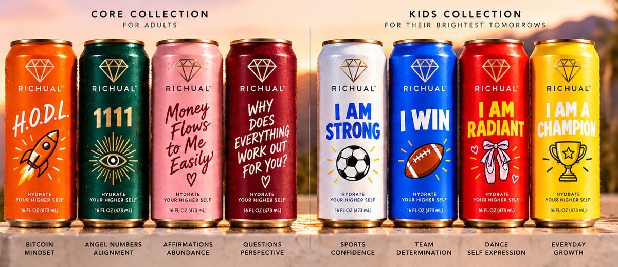 Richual Core Collection (H.O.D.L., 1111, Money Flows to Me Easily, Why Does Everything Work Out For You?) and Kids Collection (I Am Strong, I Win, I Am Radiant, I Am a Champion)