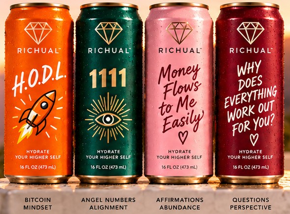 Richual Core Collection cans: H.O.D.L., 1111, Money Flows to Me Easily, and Why Does Everything Work Out For You?